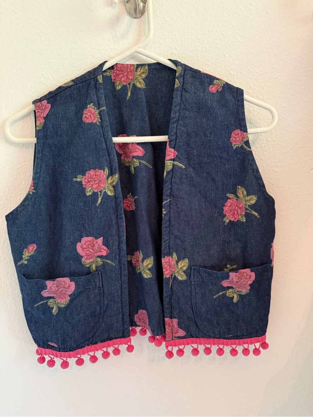 Women’s Floral Denim Vest with Pink Pom Trim